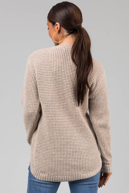 Oatmeal Thick Waffle Knit Curved Hem Sweater