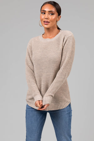 Oatmeal Thick Waffle Knit Curved Hem Sweater