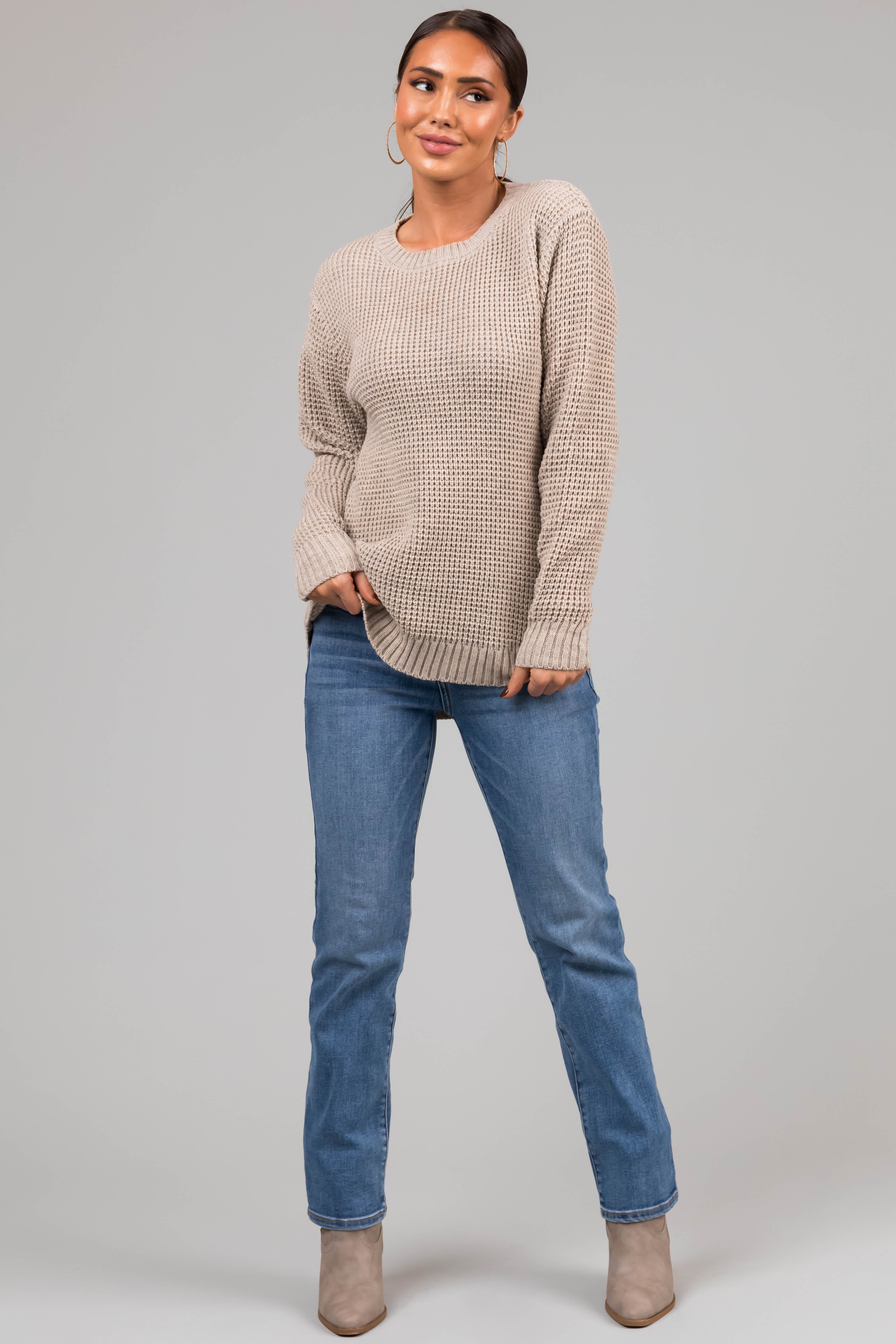 Oatmeal Thick Waffle Knit Curved Hem Sweater