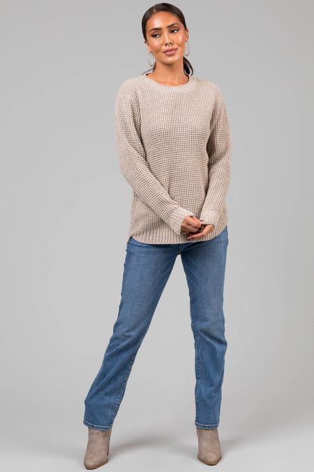 Oatmeal Thick Waffle Knit Curved Hem Sweater