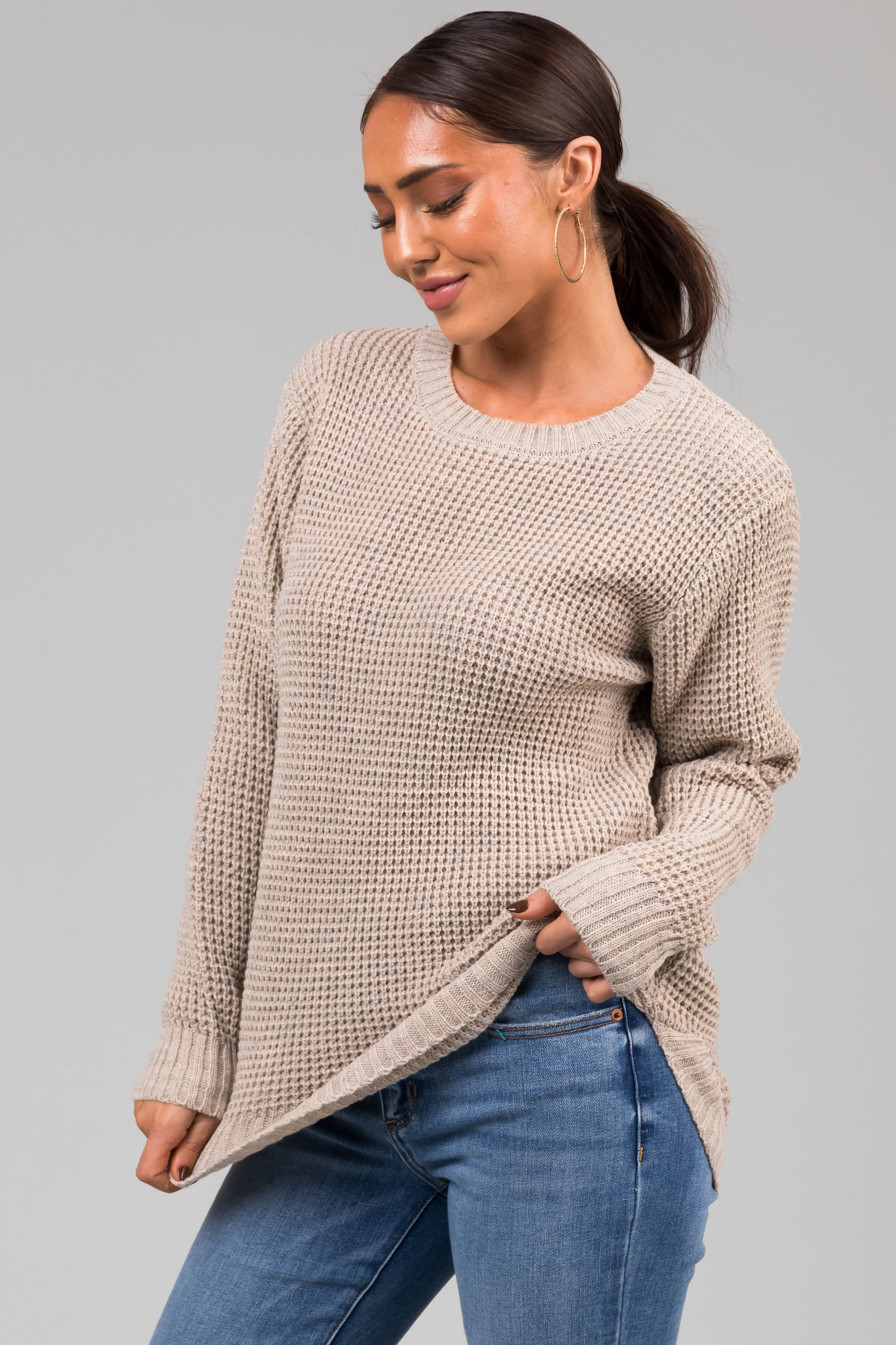 Oatmeal Thick Waffle Knit Curved Hem Sweater