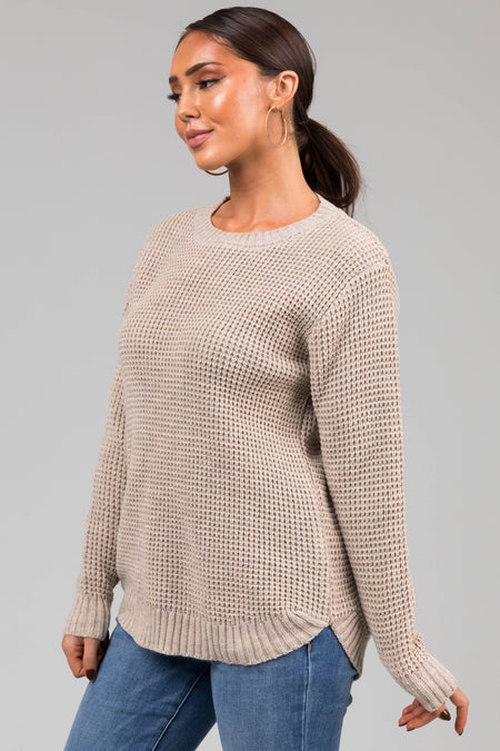 Oatmeal Thick Waffle Knit Curved Hem Sweater