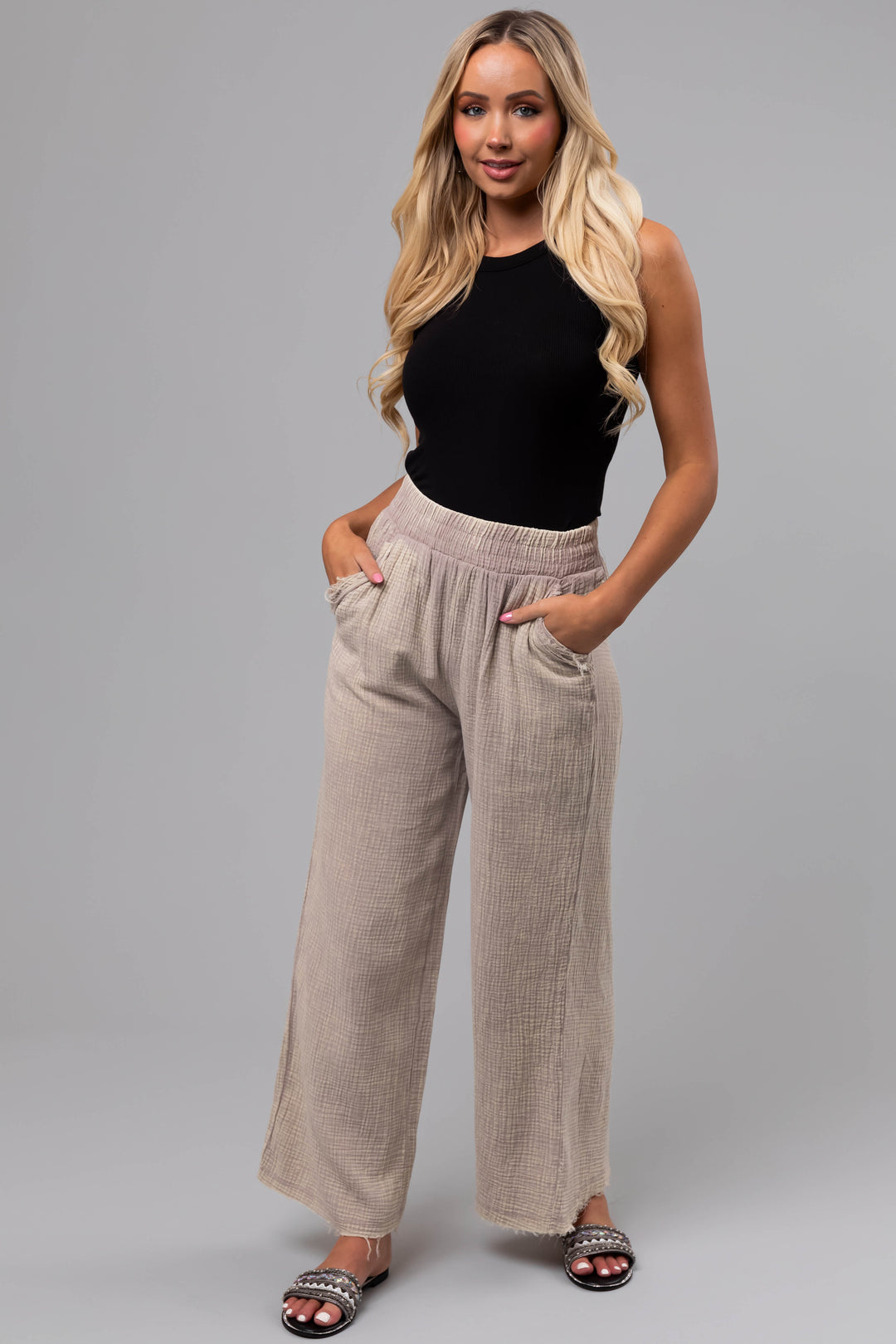 Washed elastic band wide-leg pants