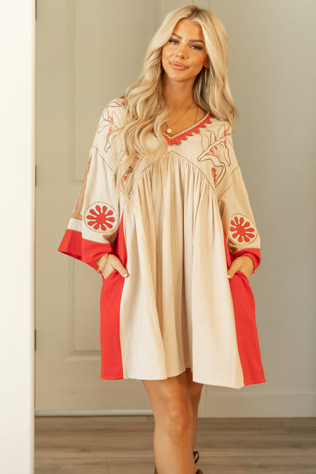 Oatmeal Embroidery Detailed 3/4 Sleeve Short Dress