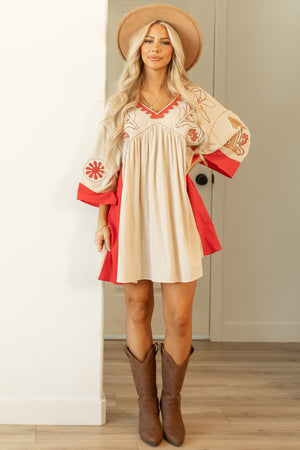 Oatmeal Embroidery Detailed 3/4 Sleeve Short Dress