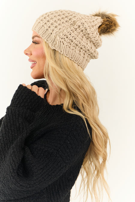 Oatmeal Faux Fur Pom Pom Textured Knit Beanie