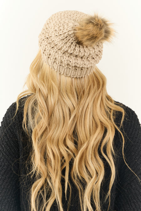 Oatmeal Faux Fur Pom Pom Textured Knit Beanie