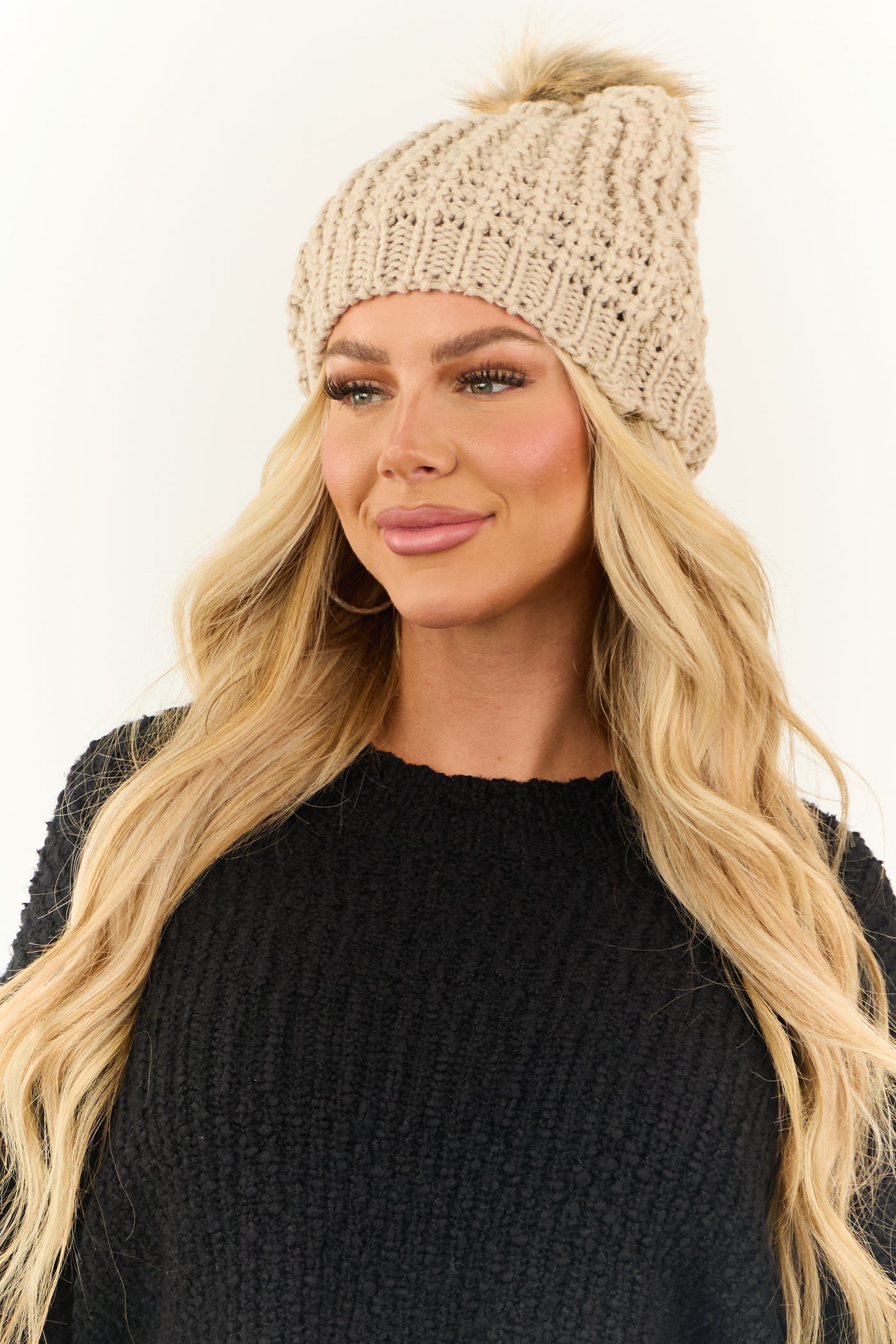 Oatmeal Faux Fur Pom Pom Textured Knit Beanie