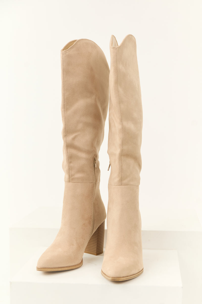 Oatmeal Faux Suede Block Heel Tall Boots