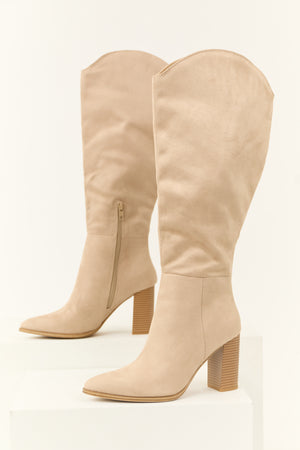 Oatmeal Faux Suede Block Heel Tall Boots