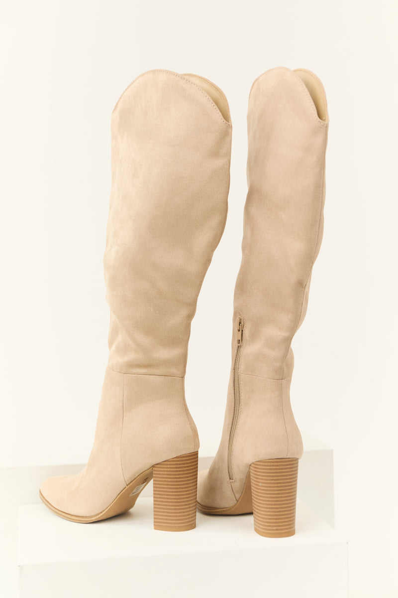 Oatmeal Faux Suede Block Heel Tall Boots