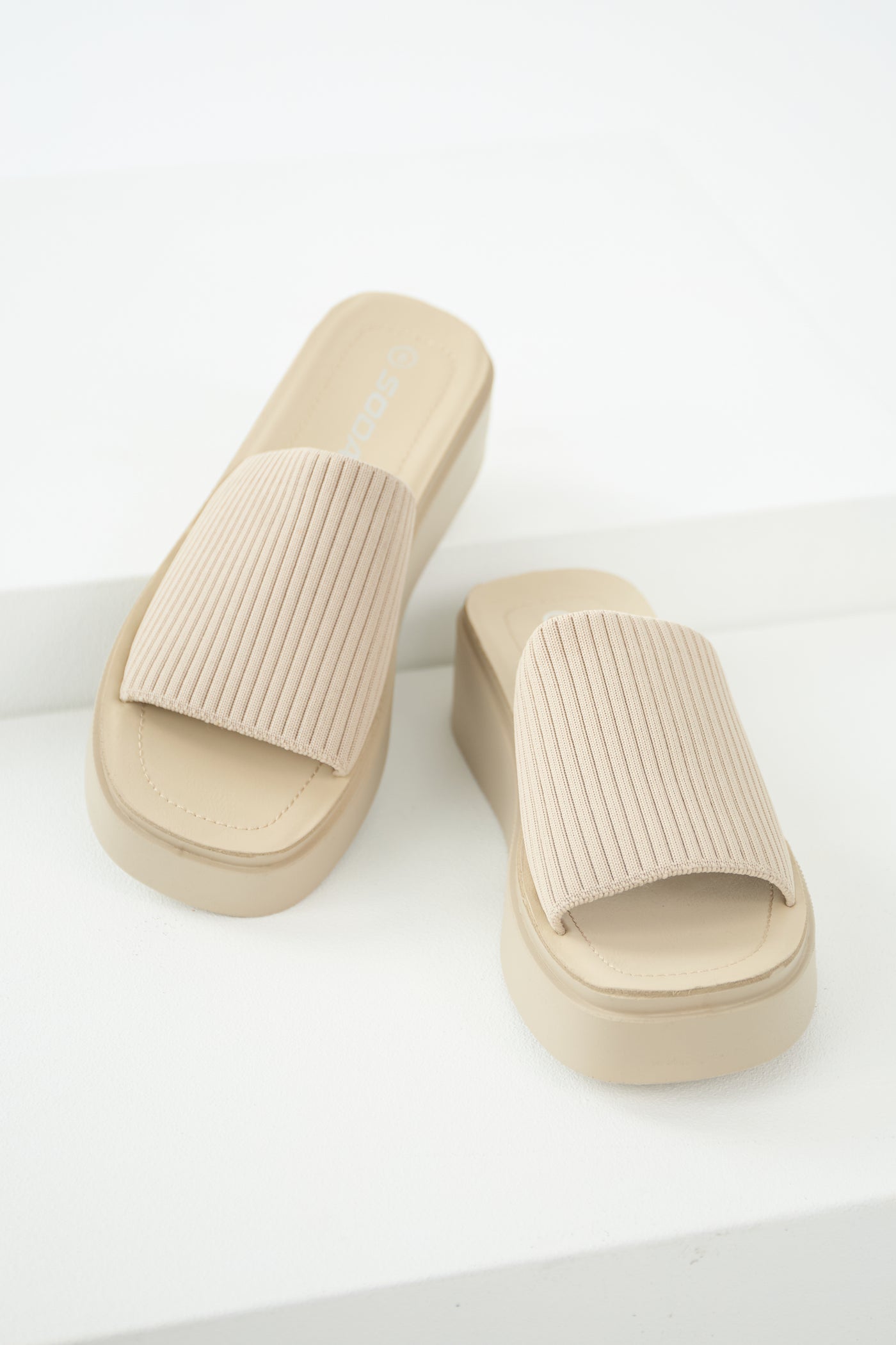 Oatmeal Stretchy Strap Slip On Platform Sandals