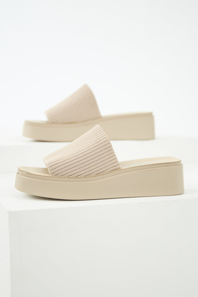 Oatmeal Stretchy Strap Slip On Platform Sandals