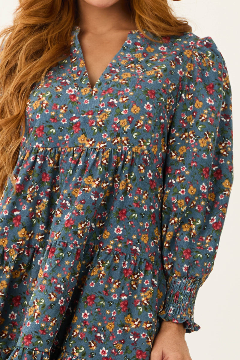 Ocean Corduroy Floral Print Tiered Mini Dress