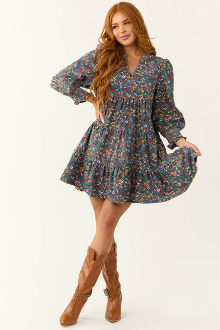 Ocean Corduroy Floral Print Tiered Mini Dress