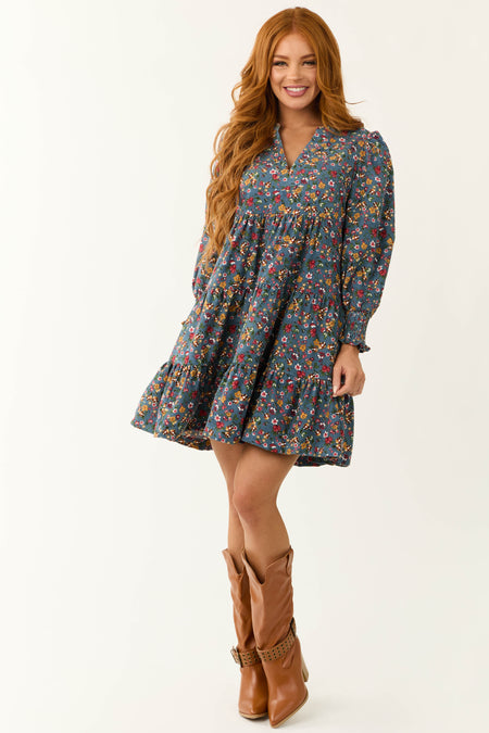 Ocean Corduroy Floral Print Tiered Mini Dress