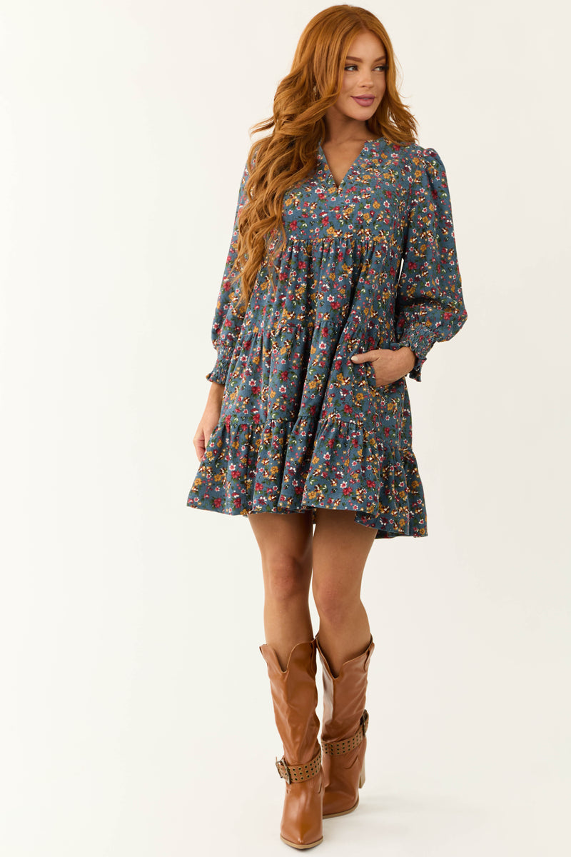 Ocean Corduroy Floral Print Tiered Mini Dress