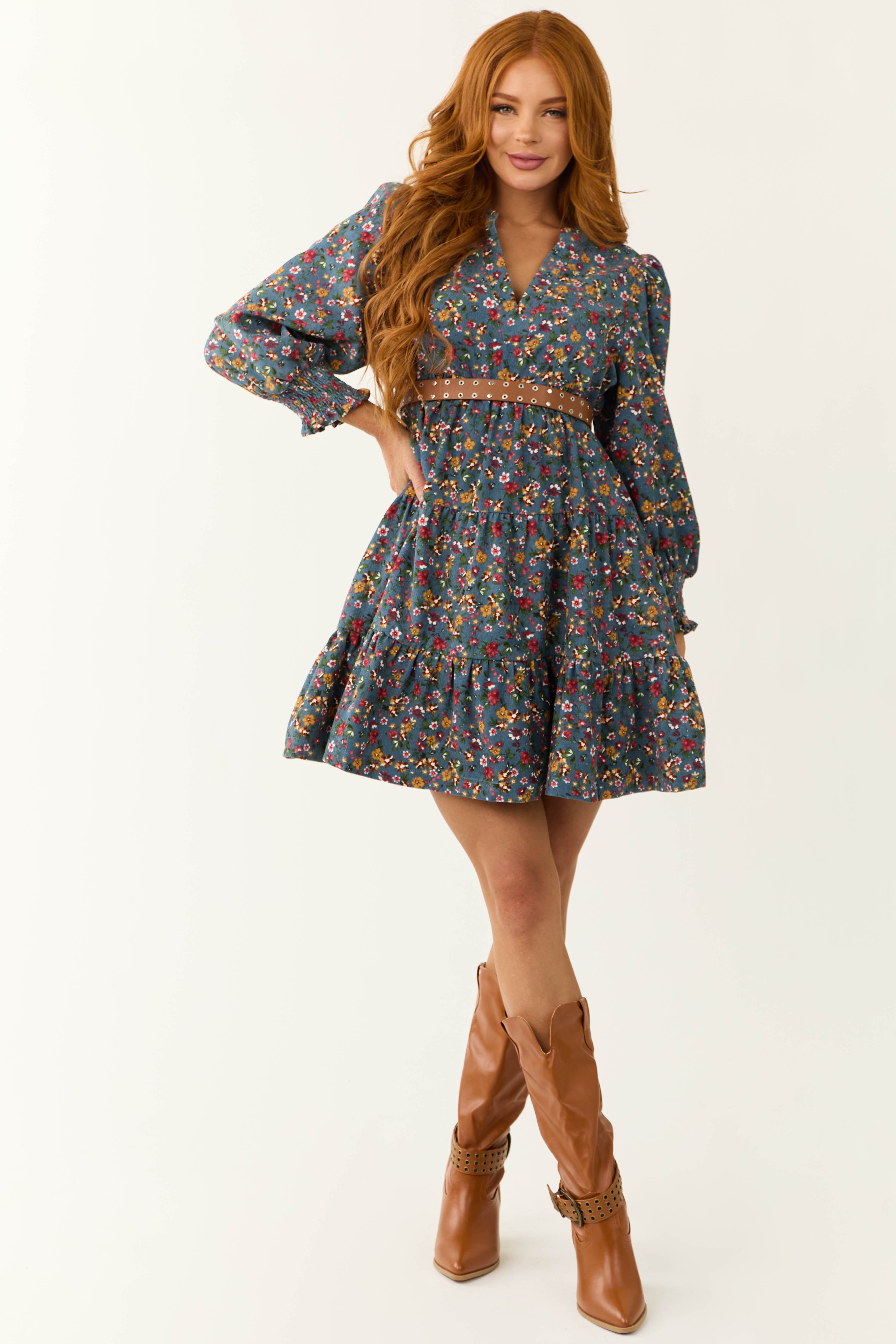 Ocean Corduroy Floral Print Tiered Mini Dress