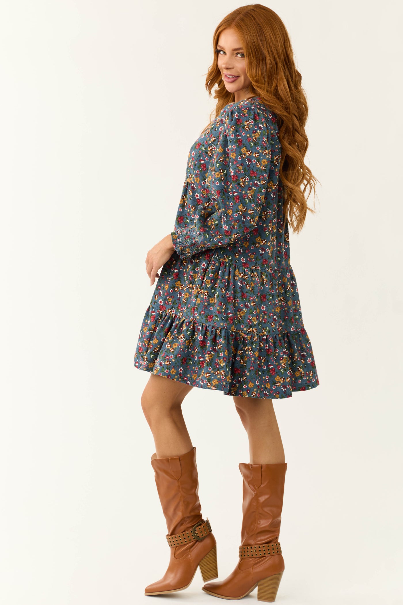 Ocean Corduroy Floral Print Tiered Mini Dress