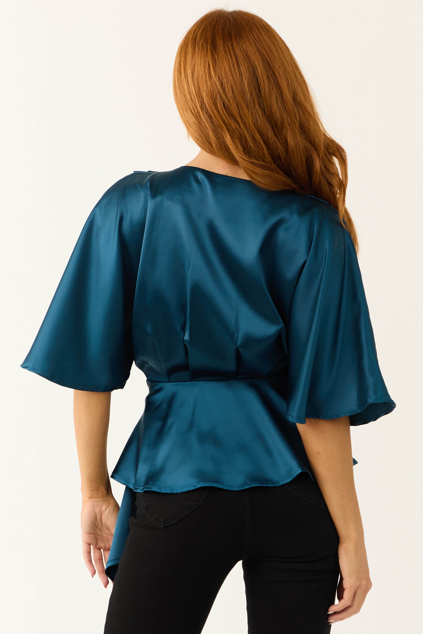 Ocean Flutter Sleeve Wrap Satin Blouse