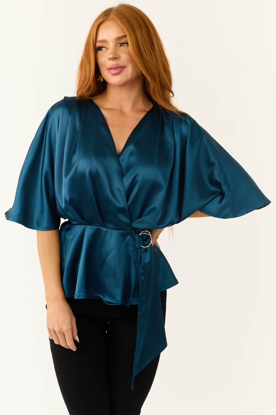 Ocean Flutter Sleeve Wrap Satin Blouse