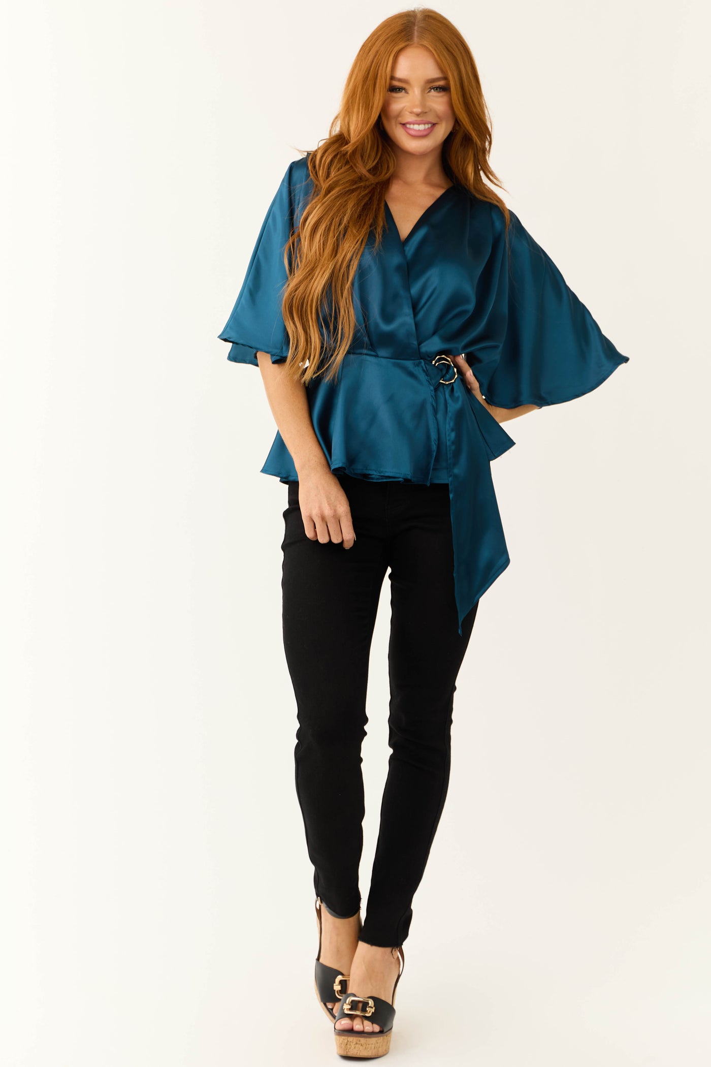 Ocean Flutter Sleeve Wrap Satin Blouse