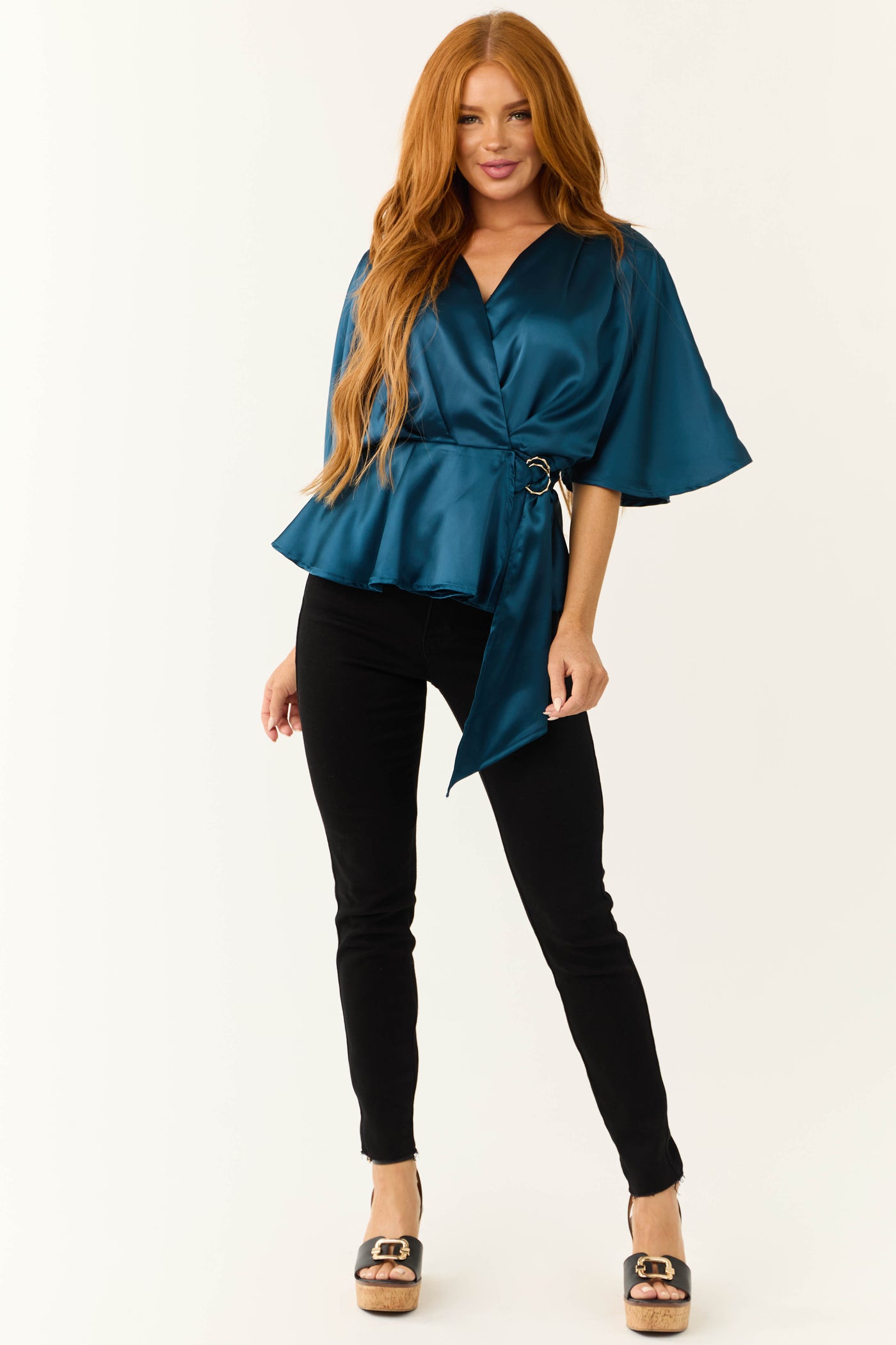 Ocean Flutter Sleeve Wrap Satin Blouse