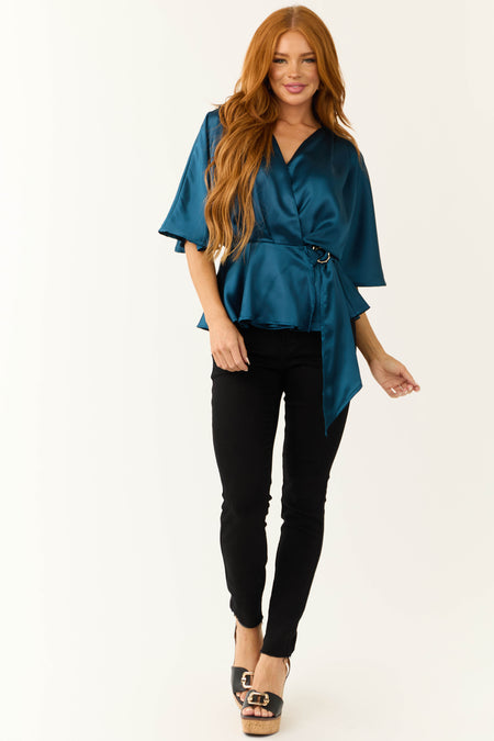 Ocean Flutter Sleeve Wrap Satin Blouse