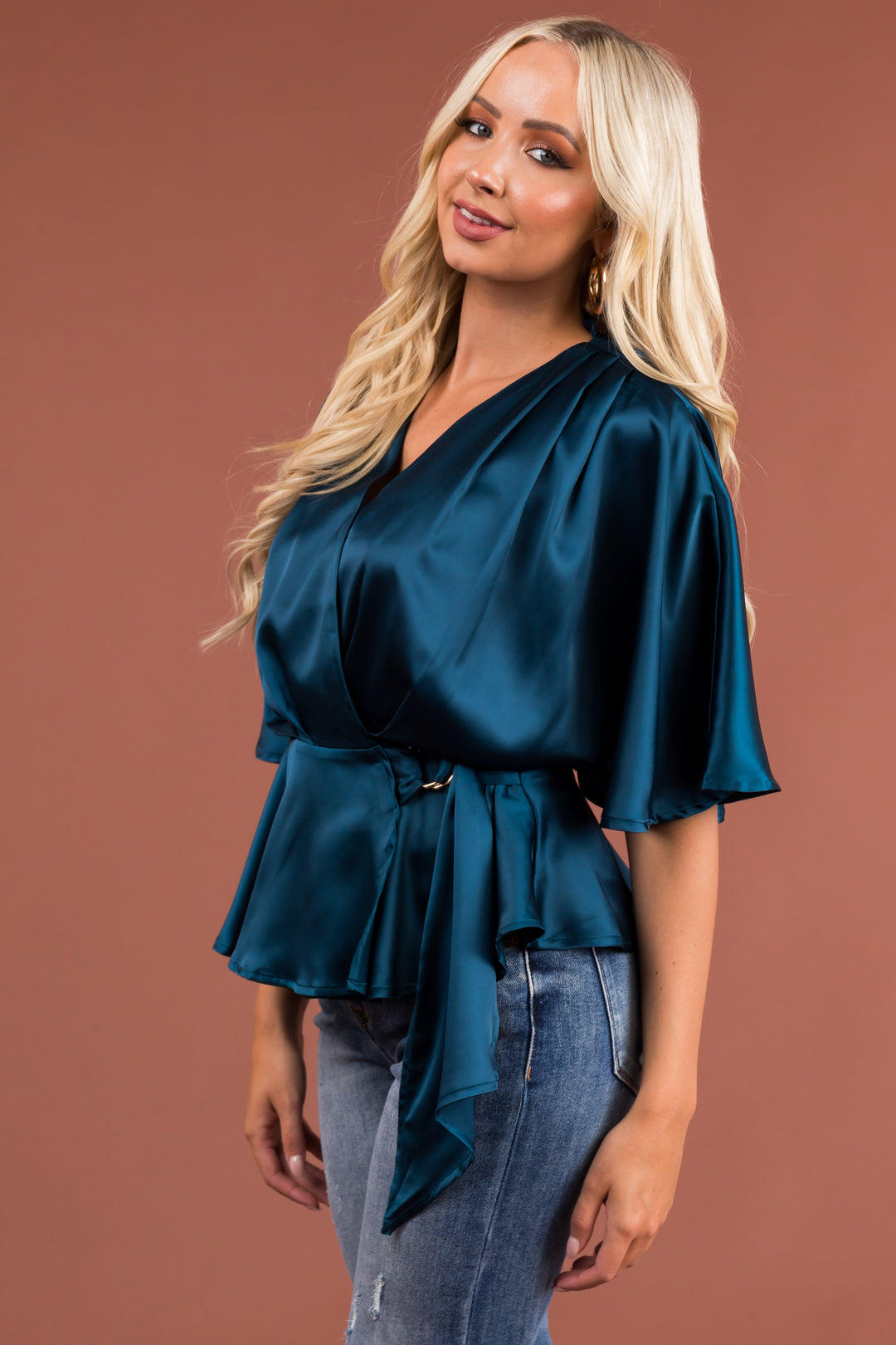 Ocean Flutter Sleeve Wrap Satin Blouse & Lime Lush