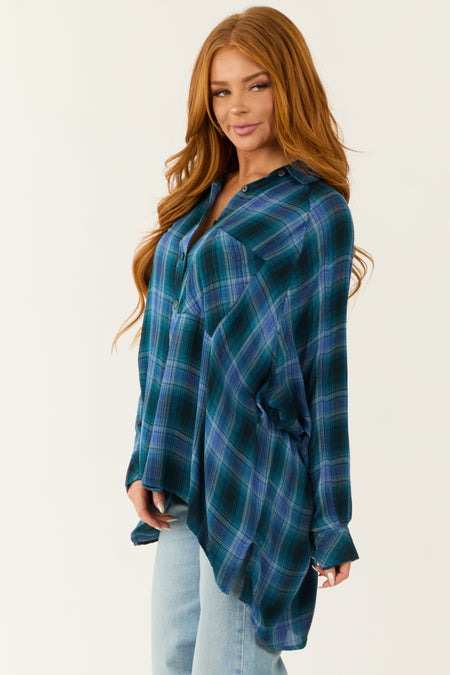 Ocean Plaid Button Up Long Sleeve Flannel Shirt