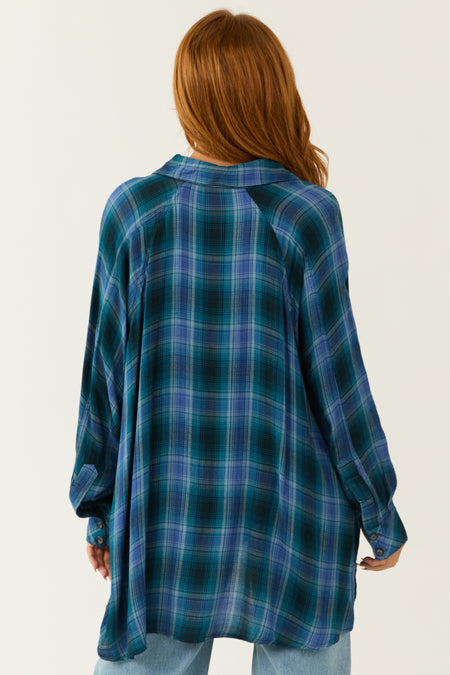 Ocean Plaid Button Up Long Sleeve Flannel Shirt