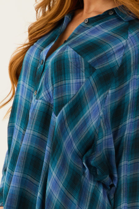 Ocean Plaid Button Up Long Sleeve Flannel Shirt