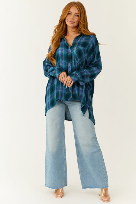 Ocean Plaid Button Up Long Sleeve Flannel Shirt