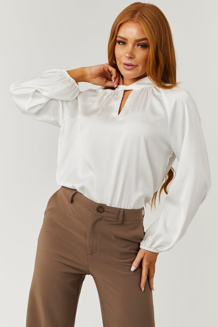 Off White Bubble Sleeve High Neck Satin Blouse