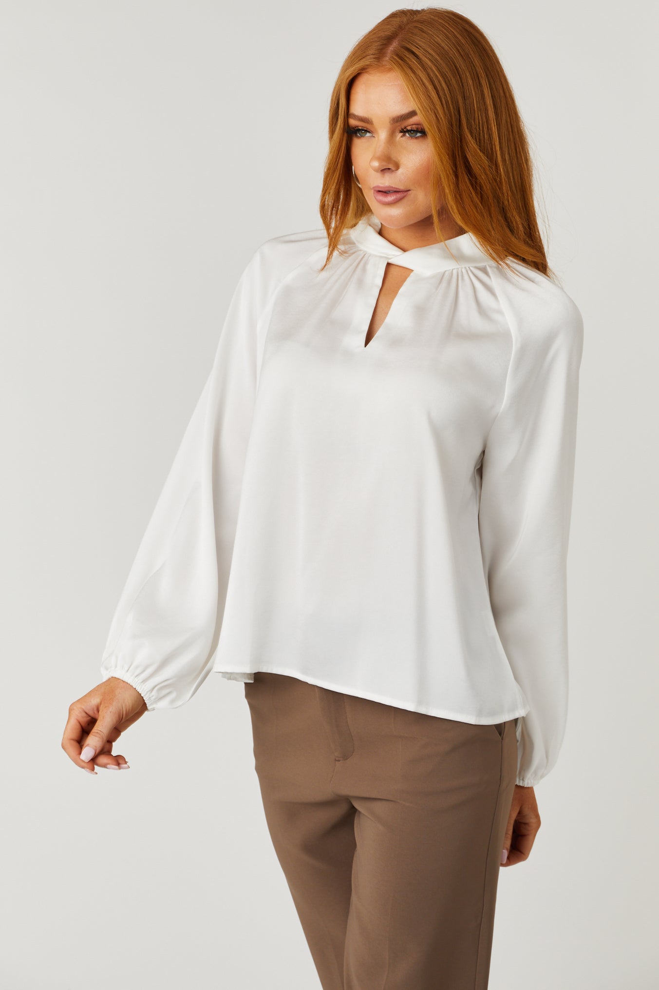 Off White Bubble Sleeve High Neck Satin Blouse