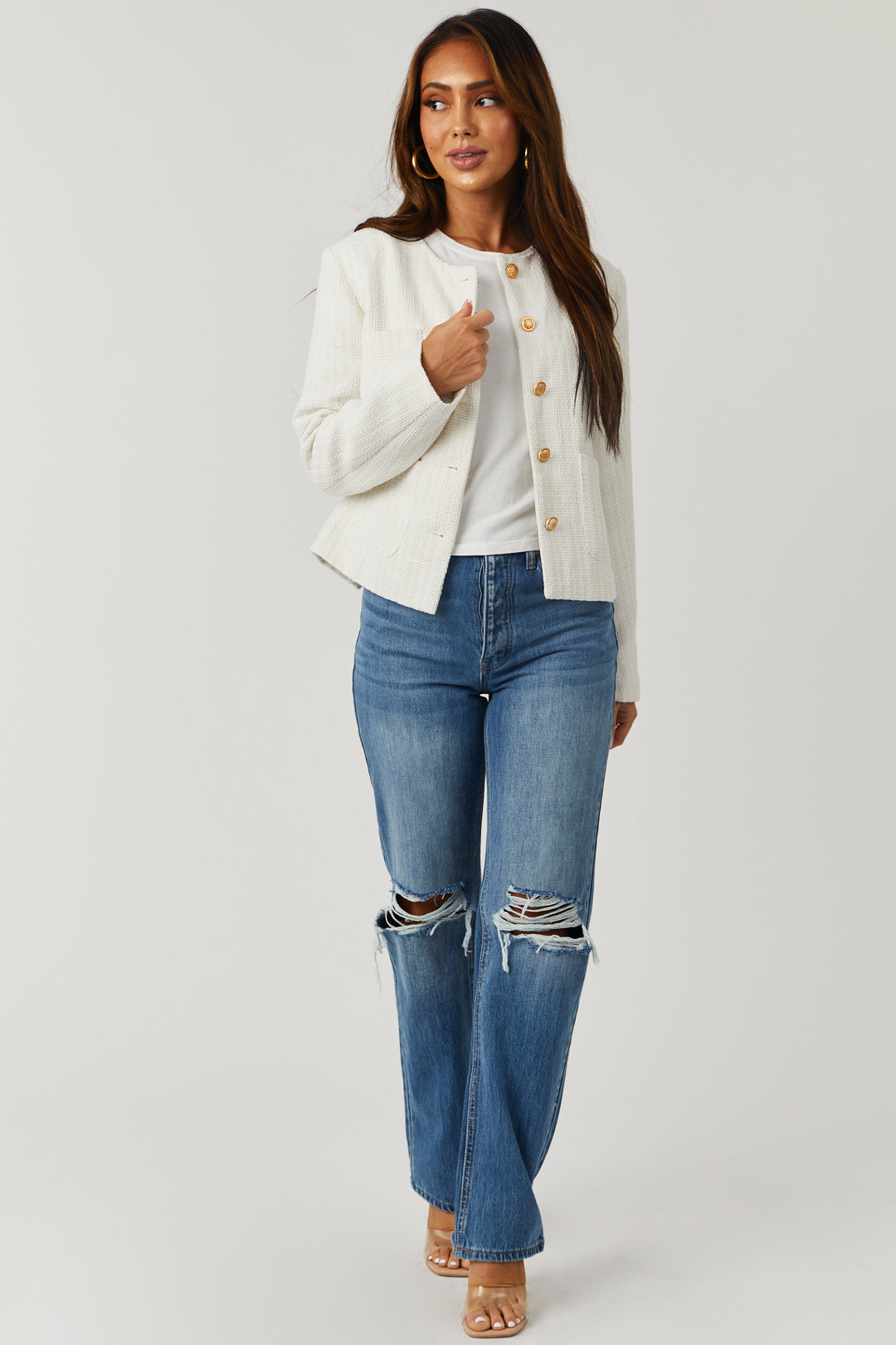 Tweed and White- Tweed Jacket- White Jeans- White Jeans with