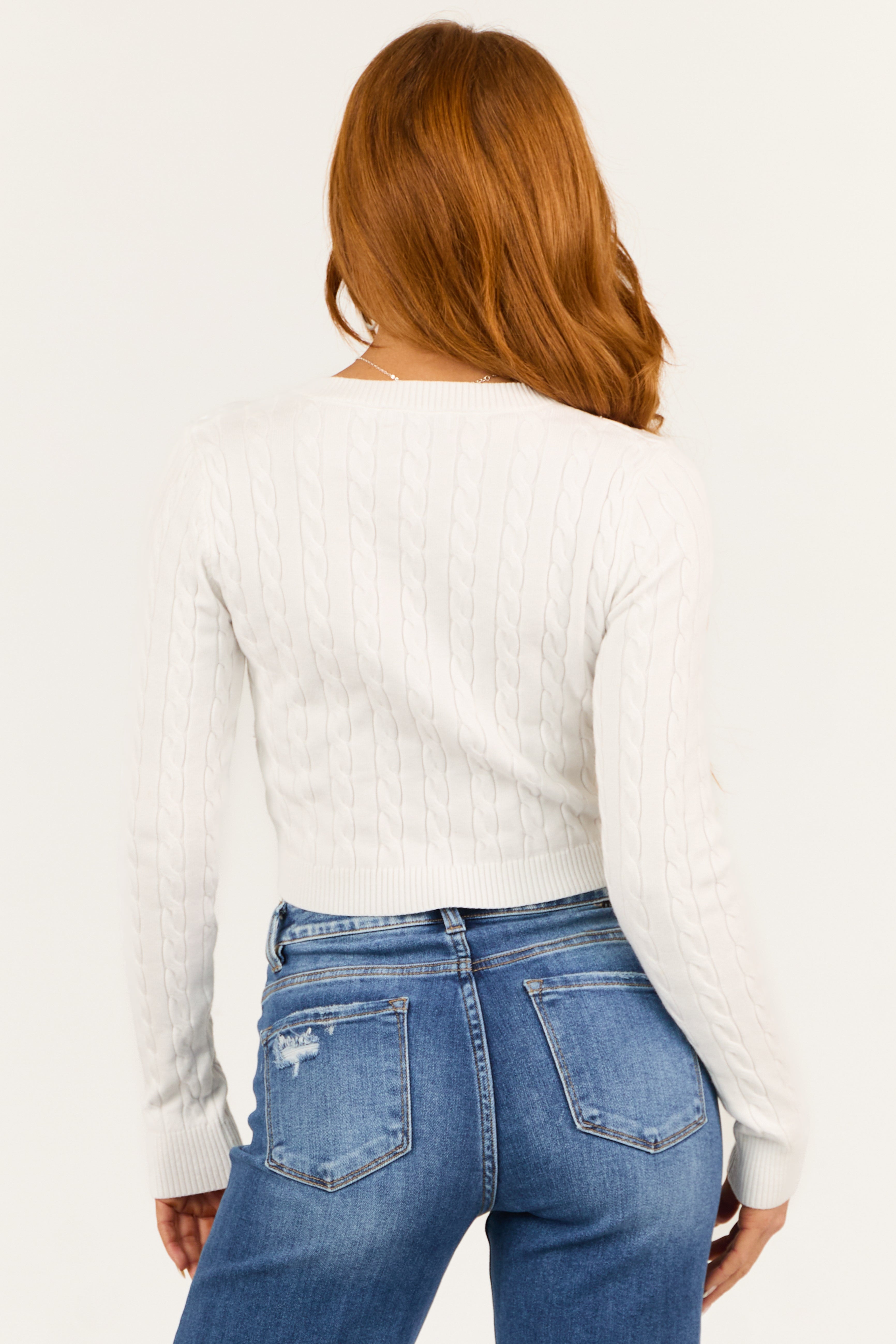 Off White Cable Knit Cropped V Neck Sweater