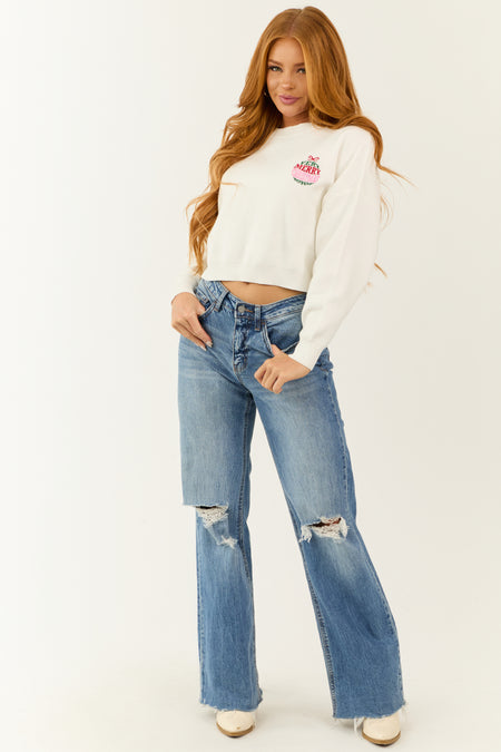 Off White Christmas Embroidery Cropped Fleece Sweater