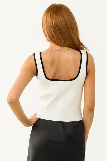 Off White Contrast Trim Square Neck Tank Top