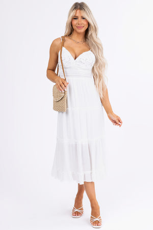 Off White Crochet Bodice Tiered Midi Dress