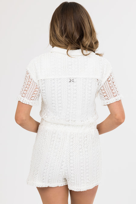 Off White Crochet Button Down Collared Romper