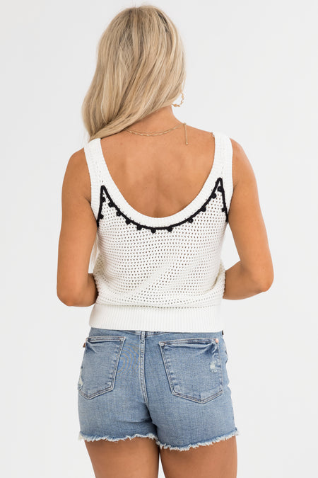 Off White Crochet Sweater Tank with Heart Embroidery