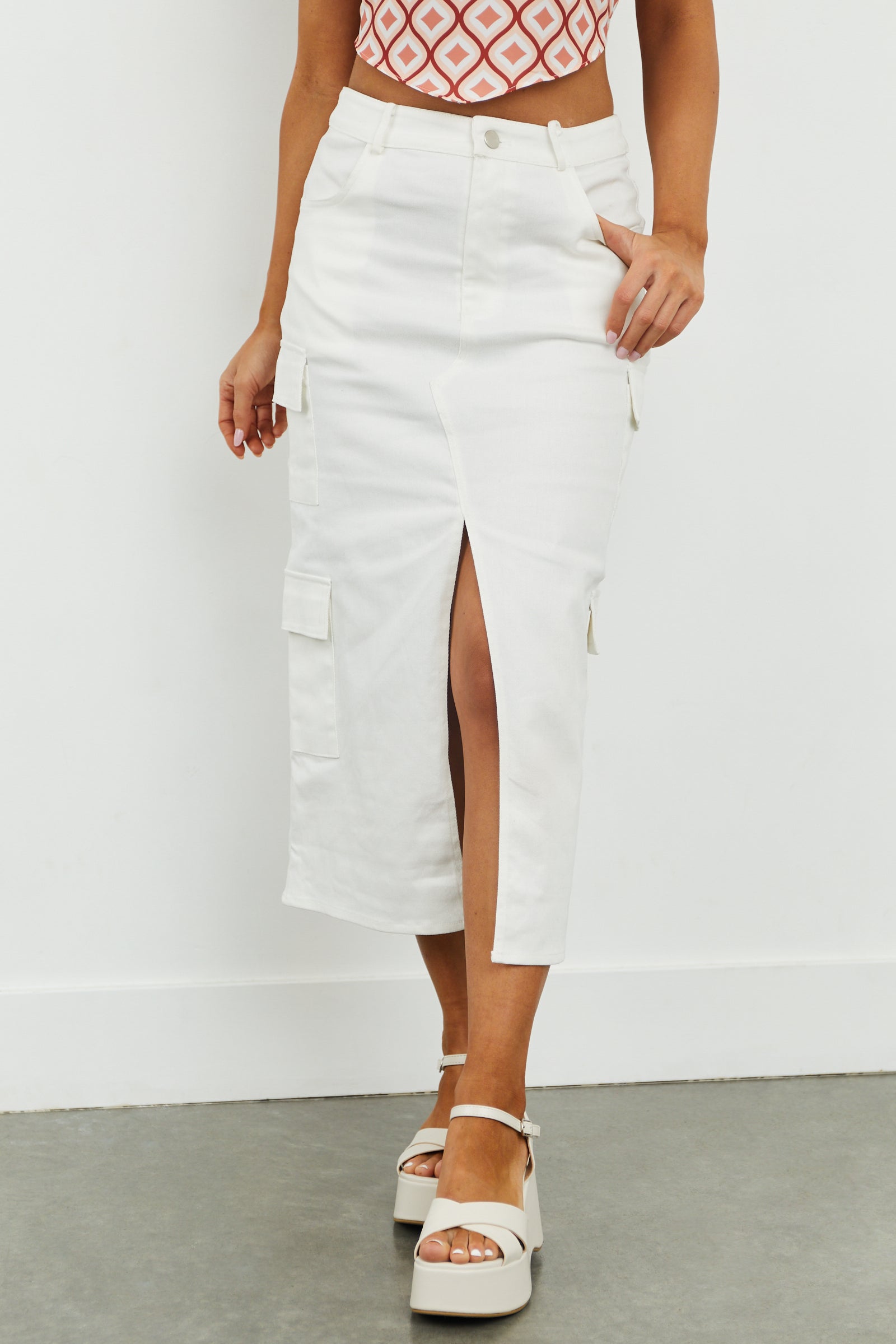 Off White Denim Front Slit Cargo Midi Skirt | Lime Lush Boutique