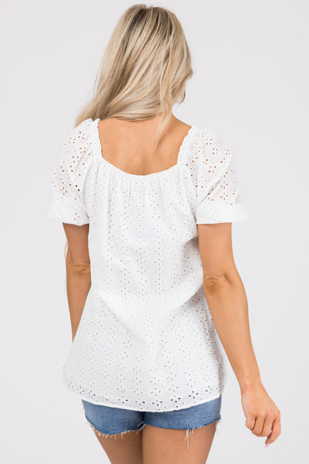 Off White Eyelet Detail Puff Half Sleeve Top