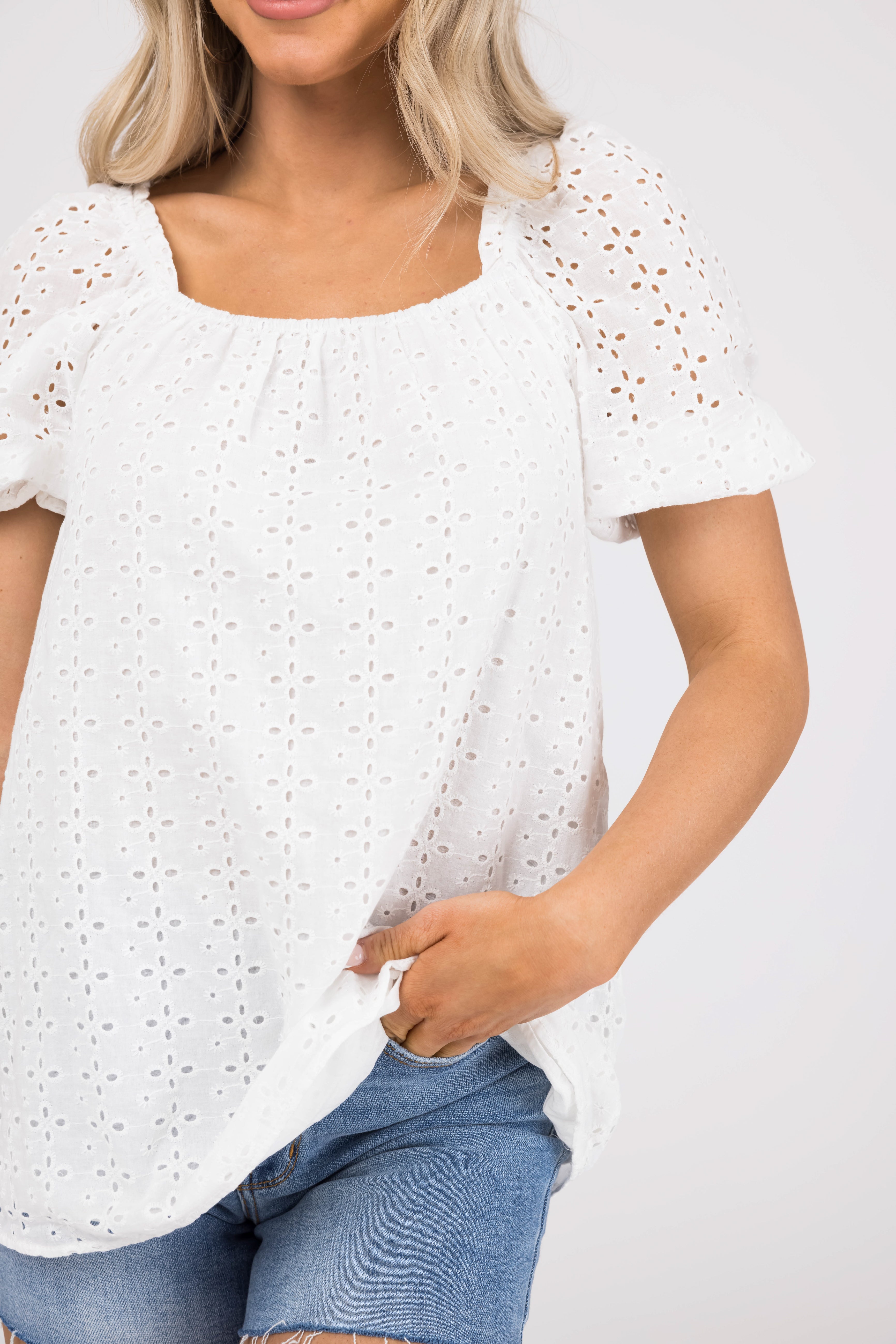 Off White Eyelet Detail Puff Half Sleeve Top