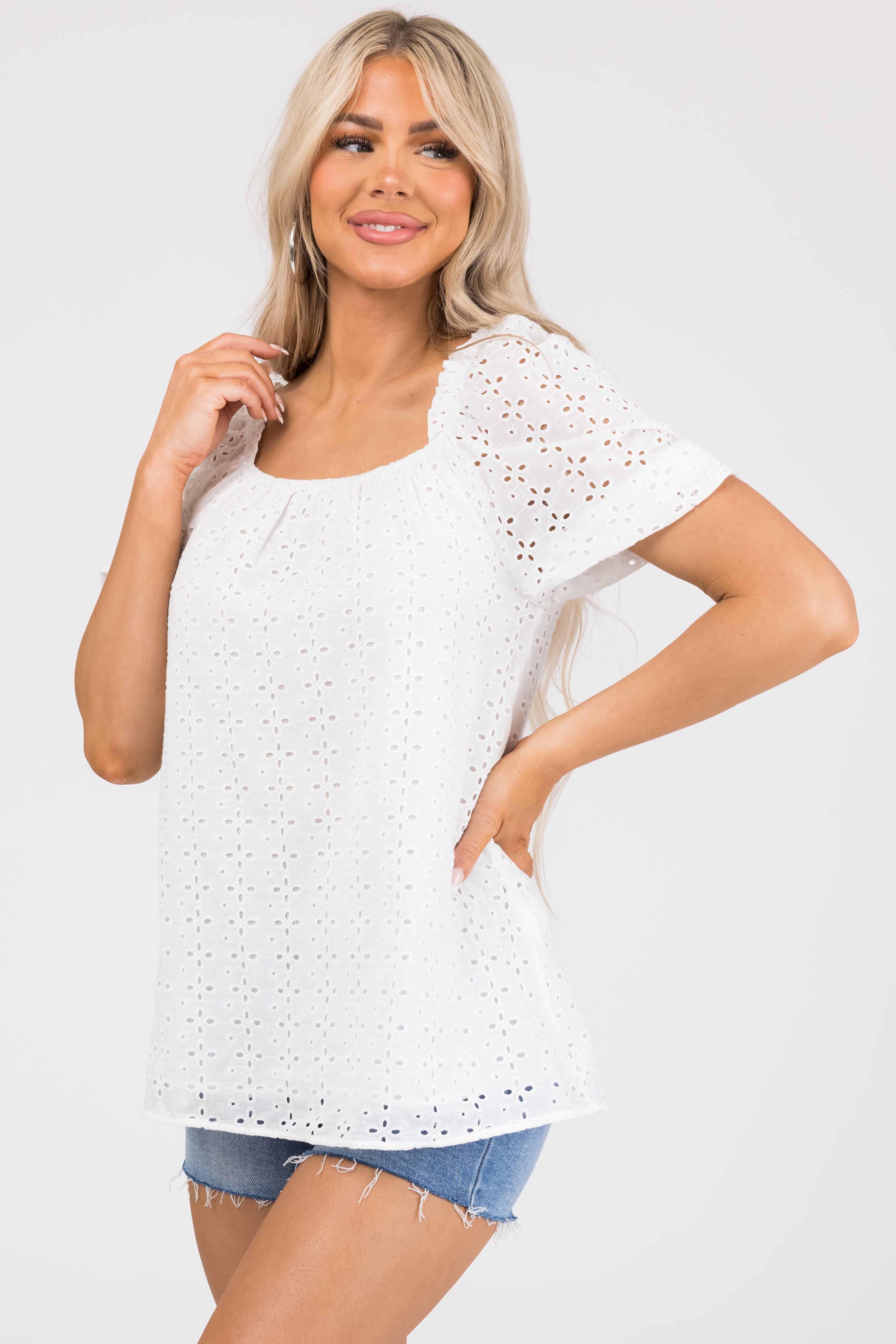 Off White Eyelet Detail Puff Half Sleeve Top