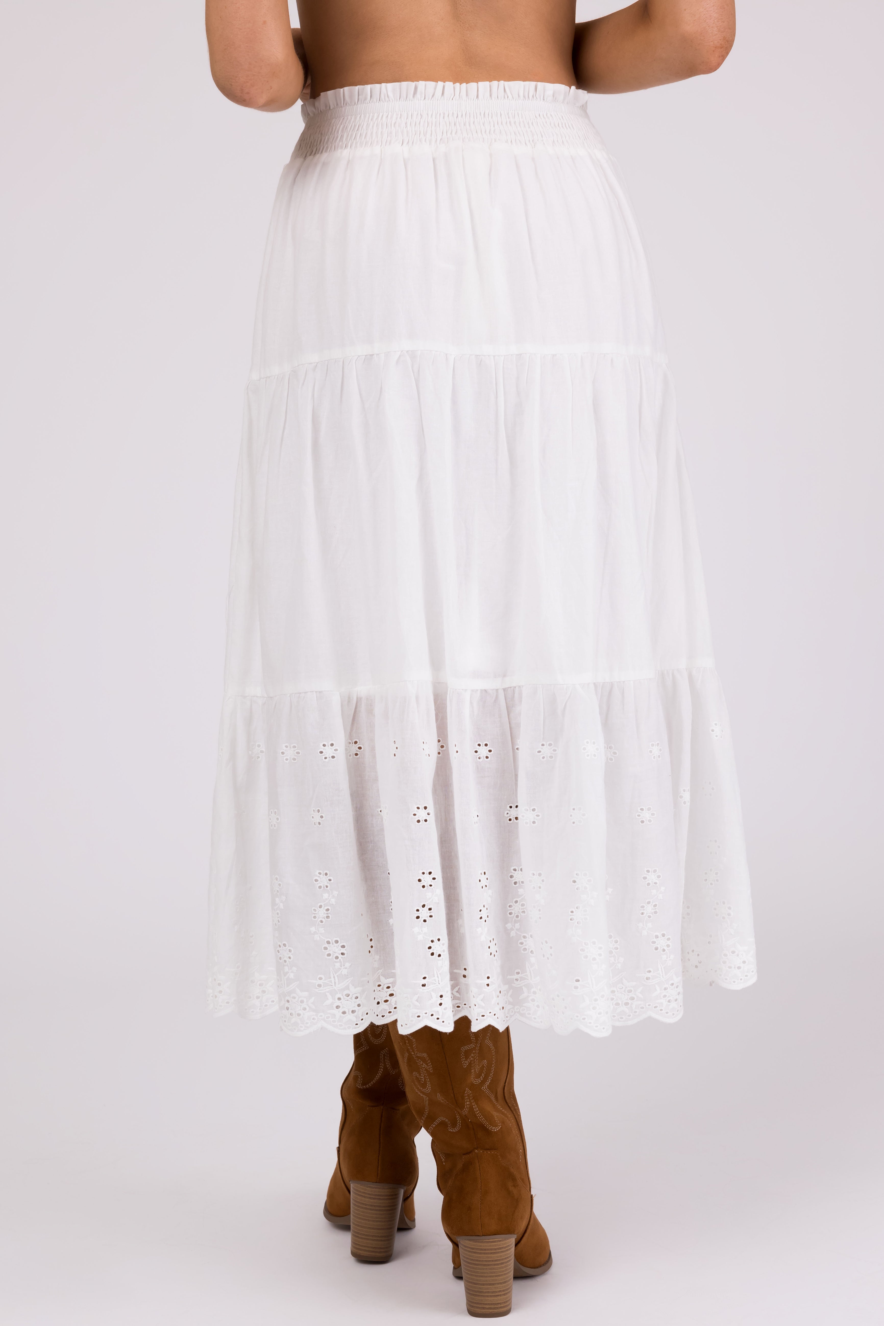 Off White Eyelet Detail Tiered Midi Skirt | Lime Lush