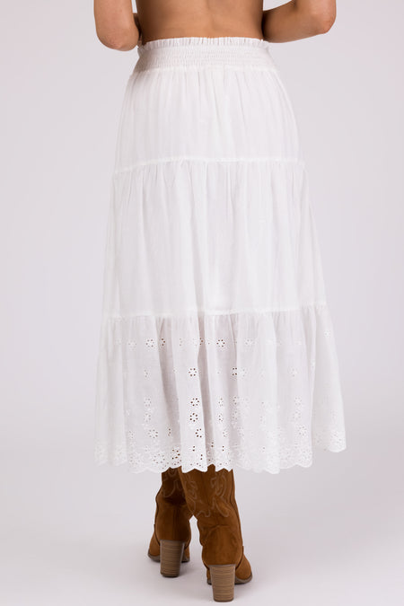 Off White Eyelet Detail Tiered Midi Skirt