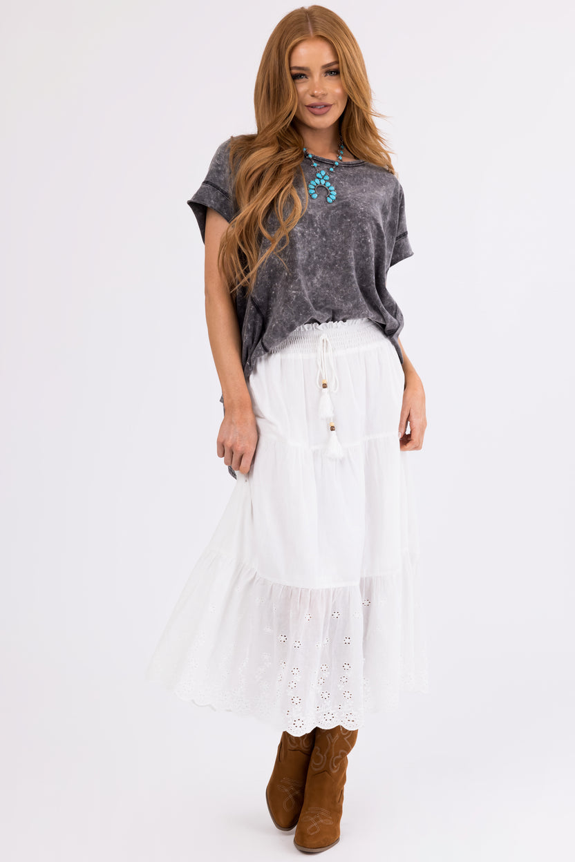 Off White Eyelet Detail Tiered Midi Skirt