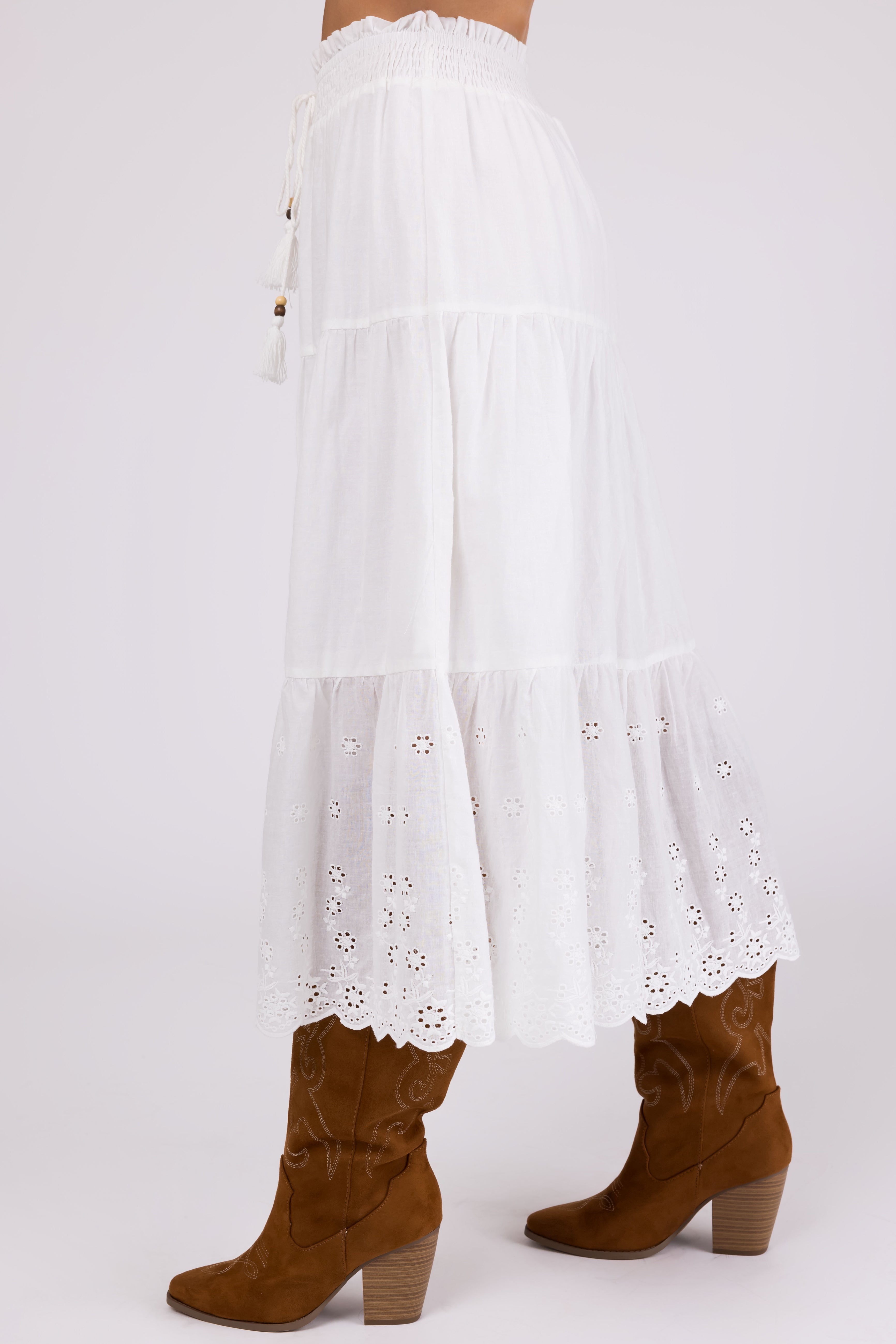 Off White Eyelet Detail Tiered Midi Skirt | Lime Lush